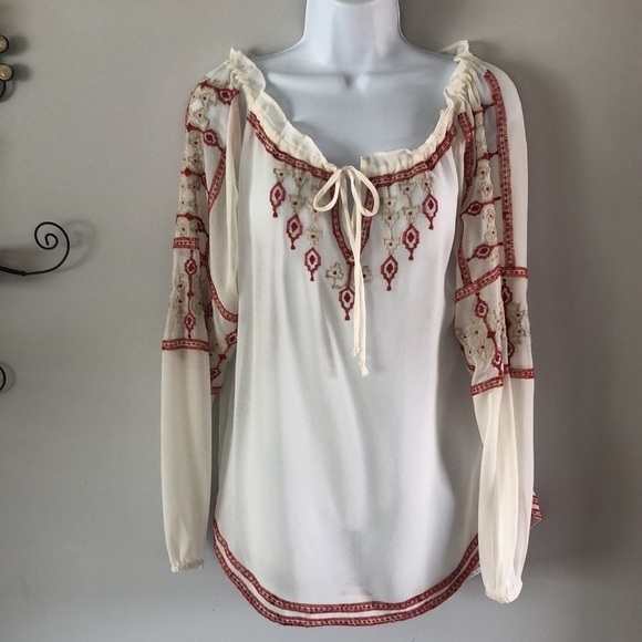 Anthropologie’s Willow & Clay Long Sleeve Blouse Embroidery Size M Bow Tie Top - Picture 1 of 11